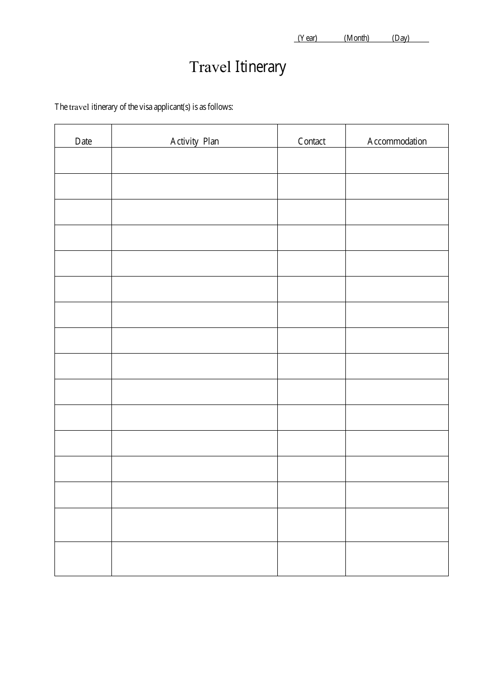 Travel Itinerary Template - Table, Page 1