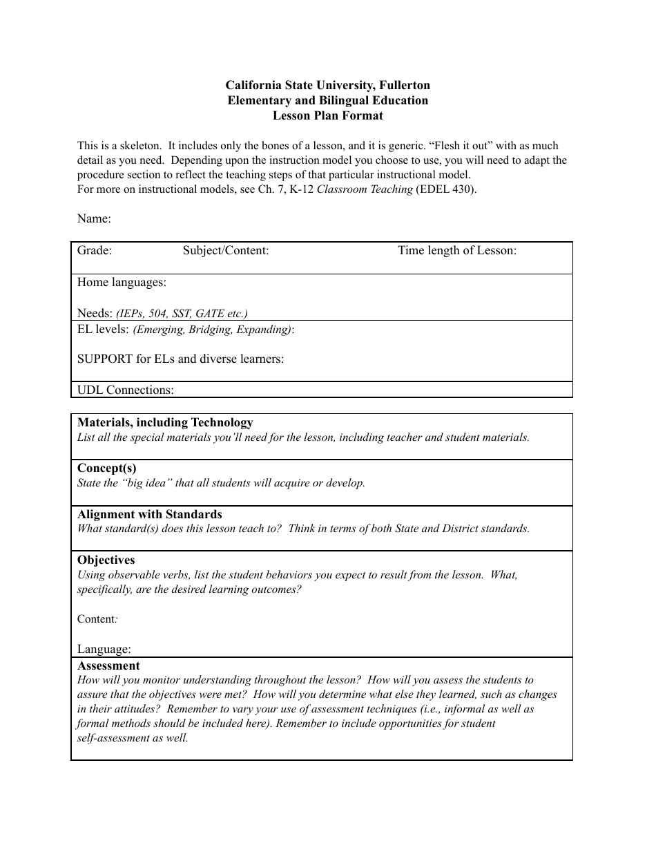 Elementary and Bilingual Education Lesson Plan Format Preview