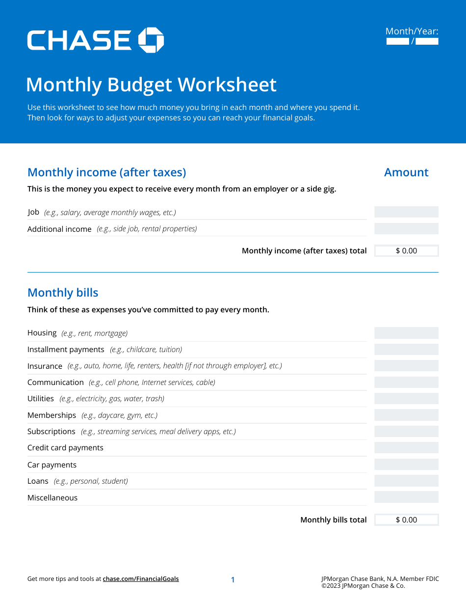 Monthly budget worksheet chase download fillable pdf templateroller