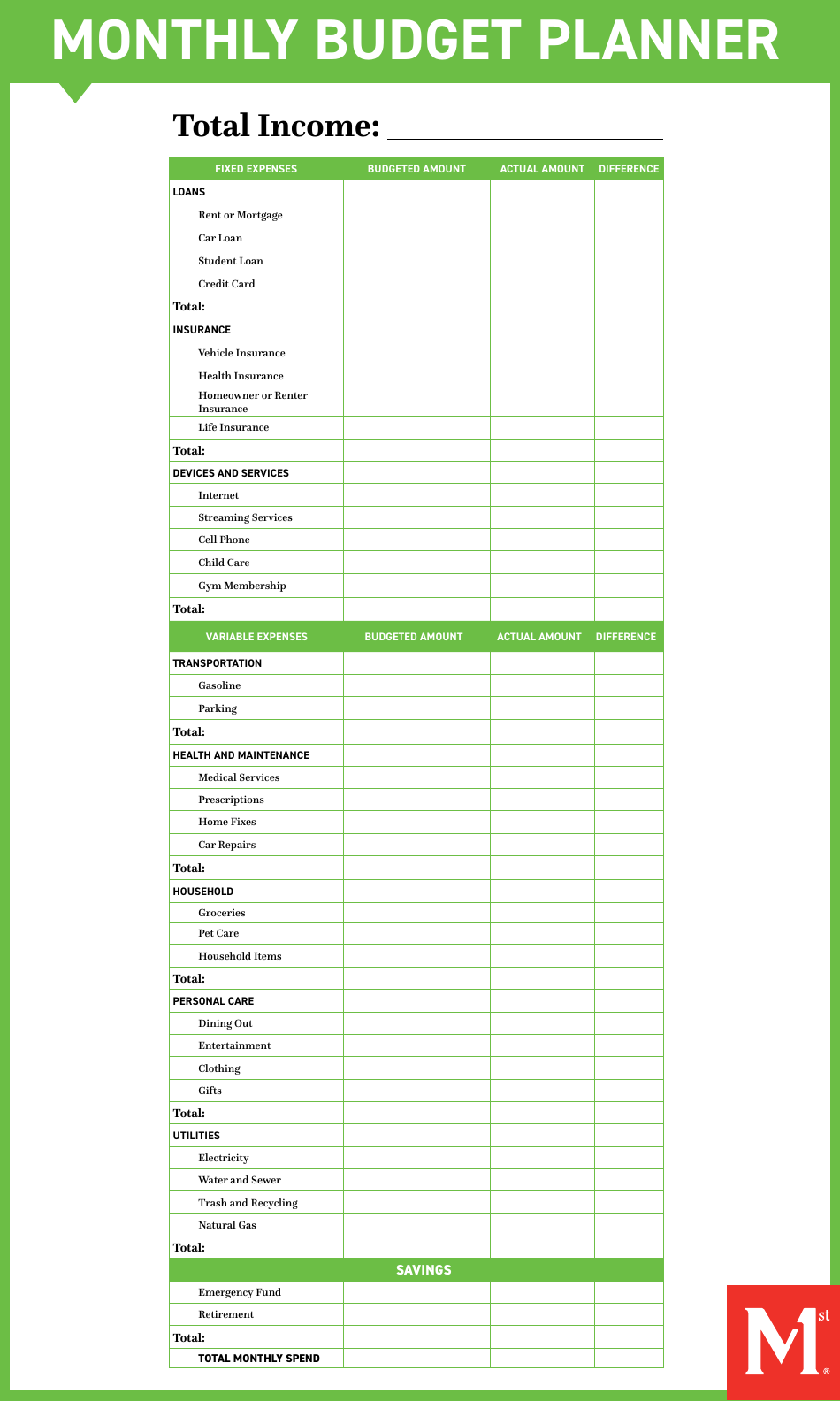 Monthly Budget Planner Template - Green