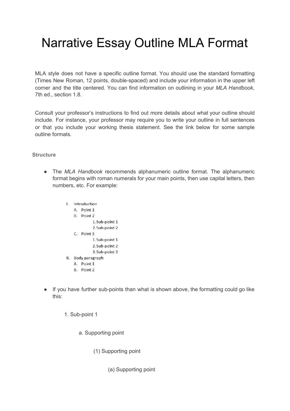 Narrative Essay Outline - Mla Format Download Printable PDF ...