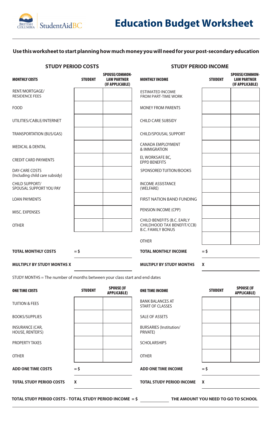 British Columbia Canada Education Budget Worksheet - Fill Out, Sign ...