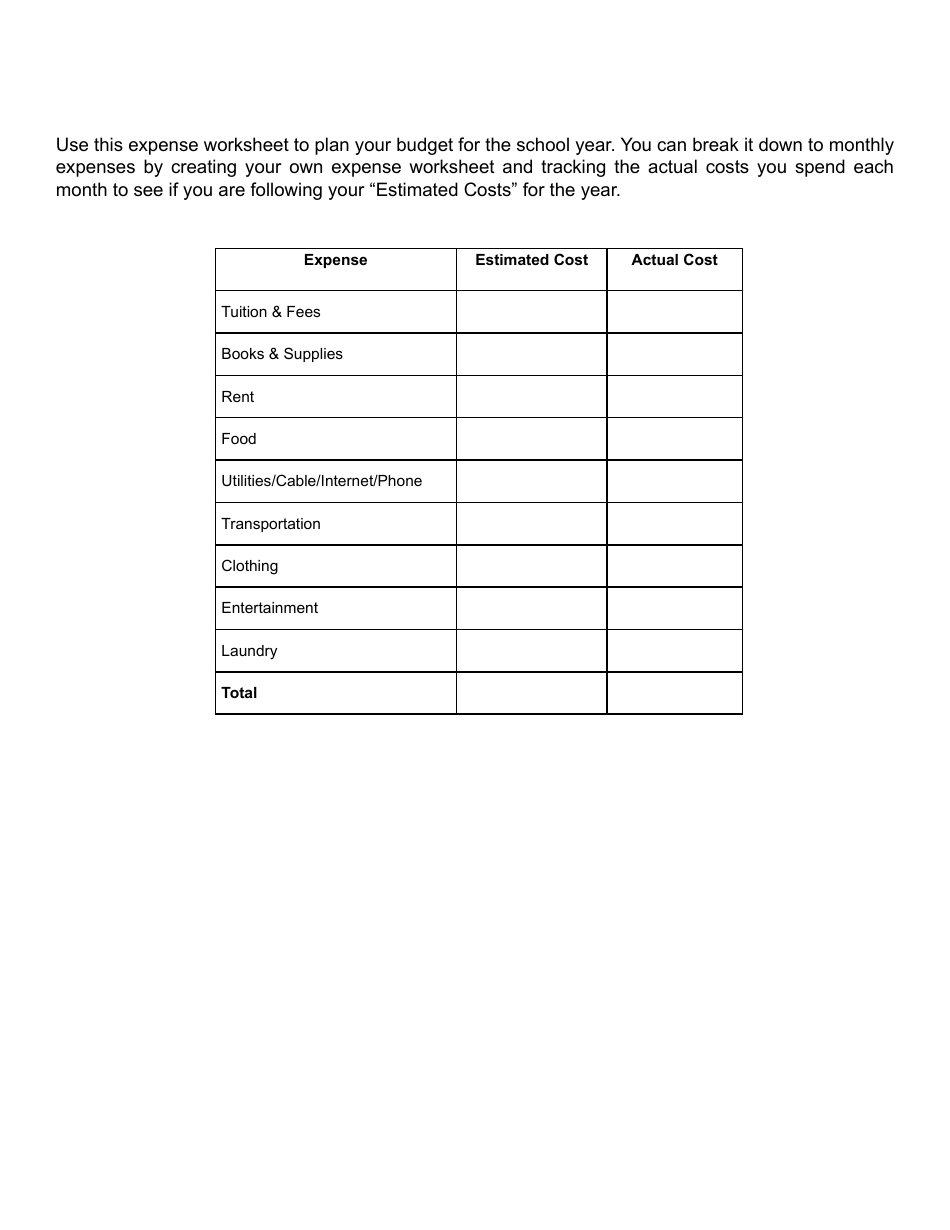 School Year Expense Worksheet - Track and manage your expenses for the school year efficiently.