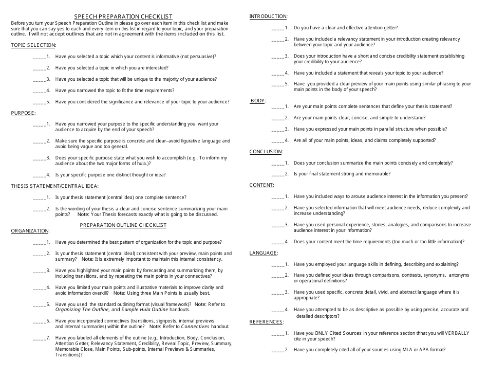 Speech Preparation Checklist Download Printable PDF | Templateroller