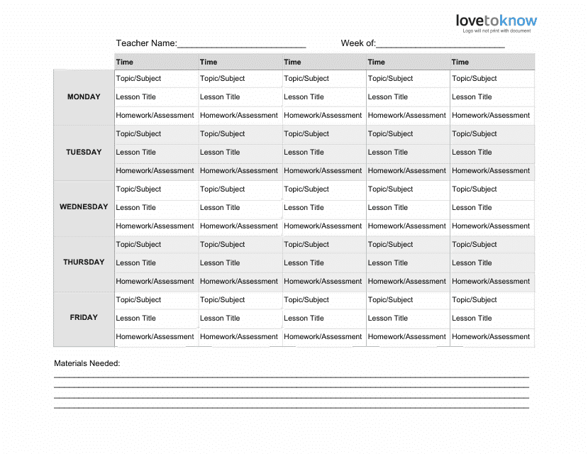 Weekly Lesson Plan Template Download Fillable PDF Templateroller
