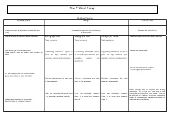 Document preview: Critical Essay Outline Template - Tables