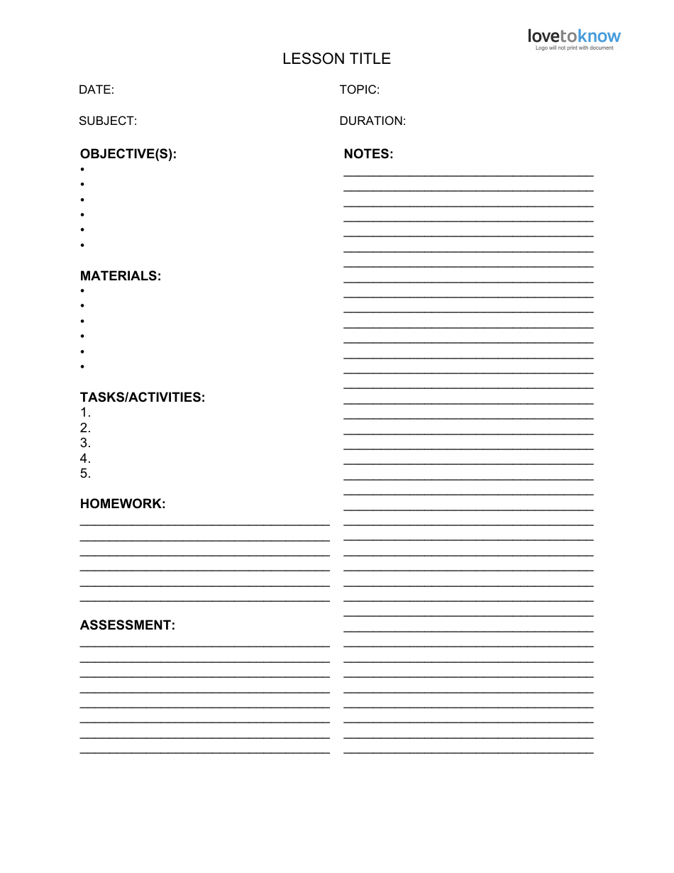 Simple Lesson Plan Template For Elementary School Download Fillable PDF 
