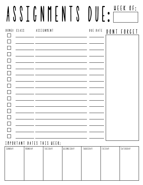 Weekly Assignments Planner Template