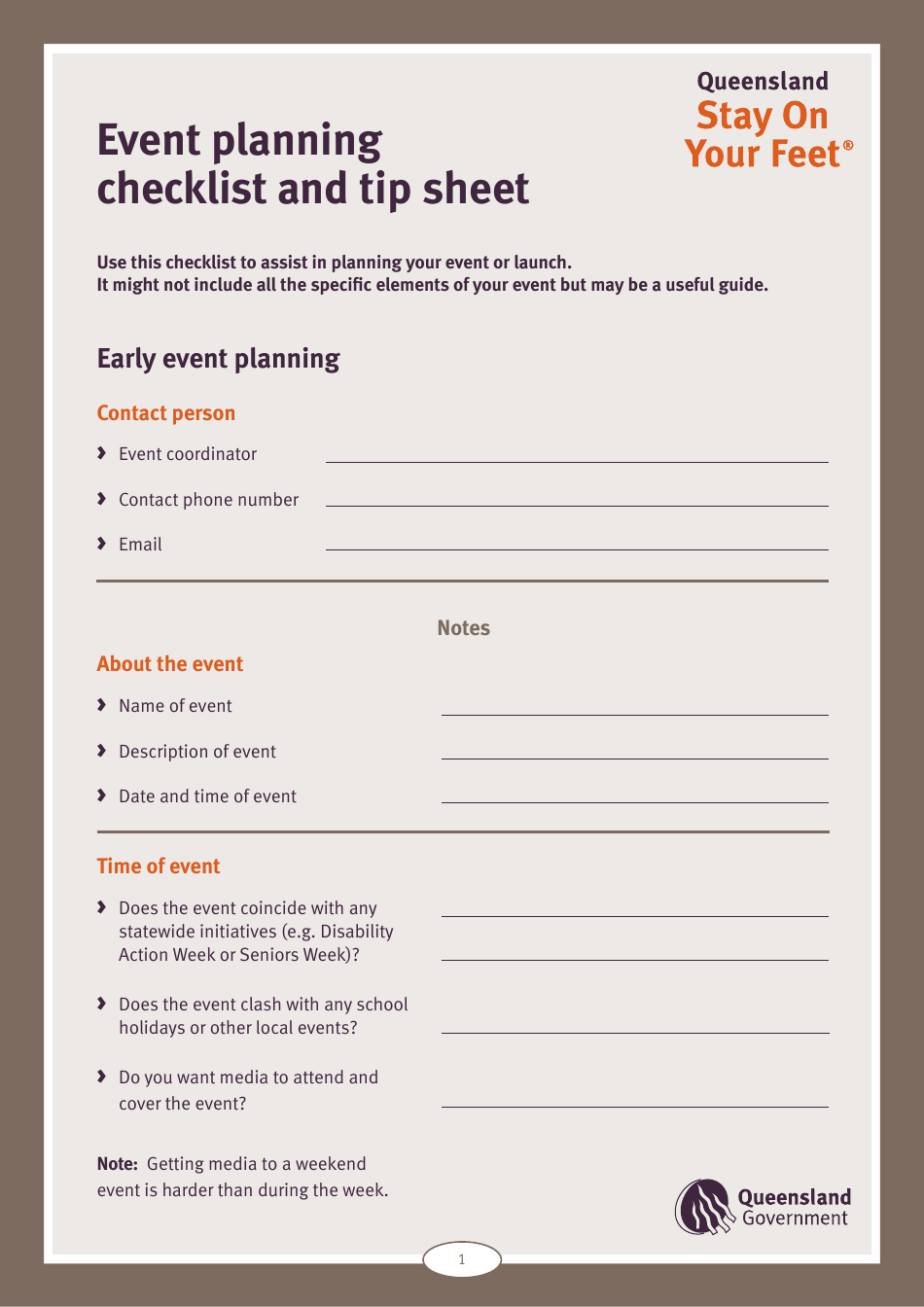 Event Planning Checklist and Tip Sheet - Queensland, Australia, Page 1