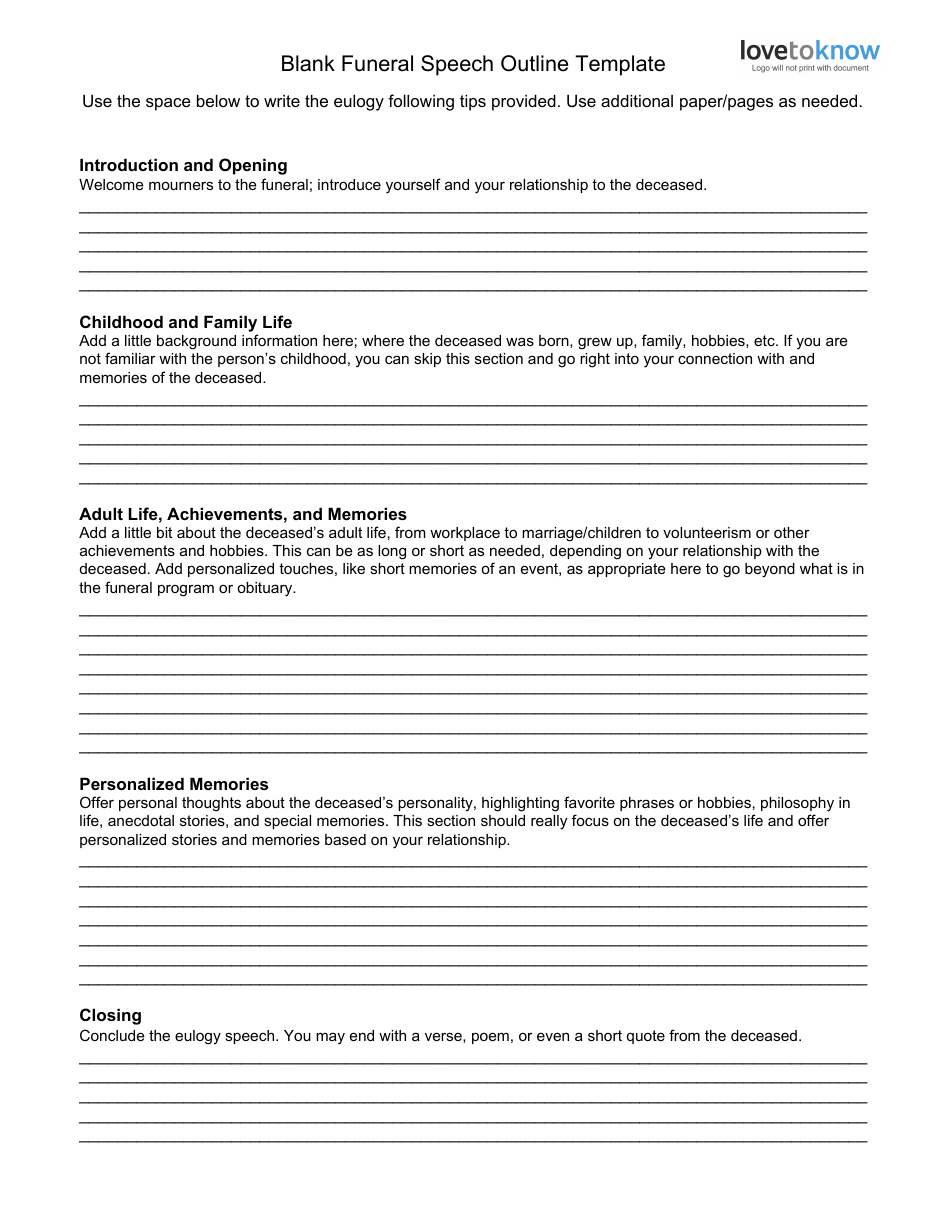 Blank Funeral Speech Outline Template Download Fillable PDF ...