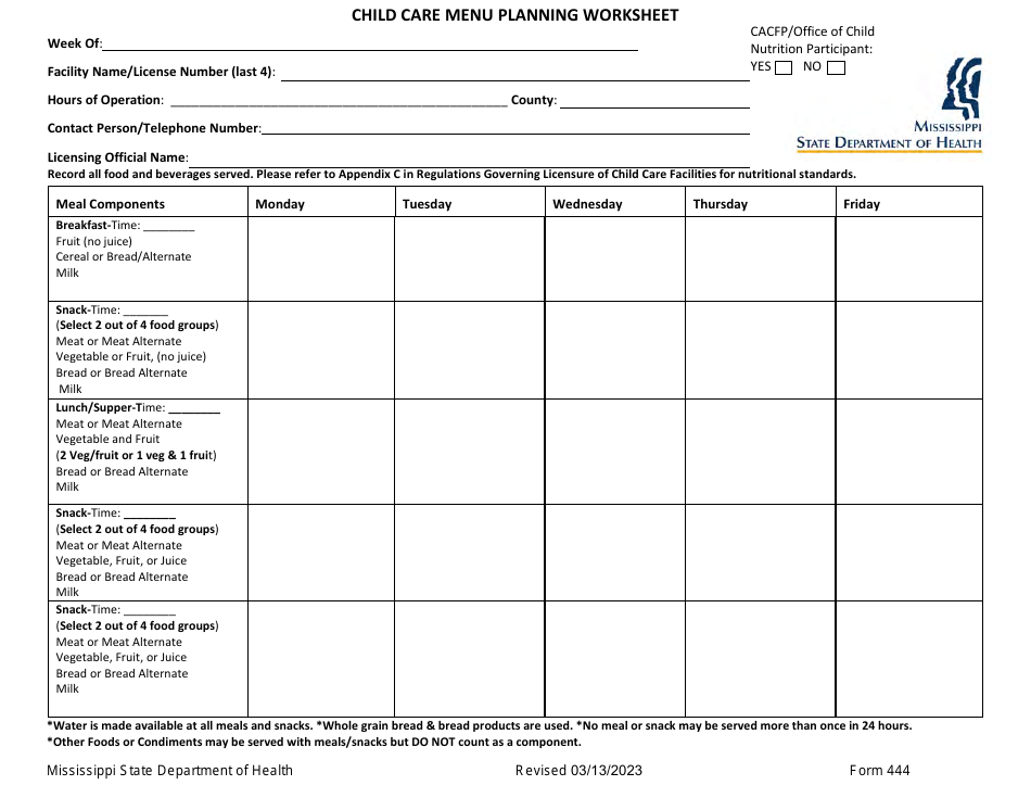 Form 444 Child Care Menu Planning Worksheet - Mississippi, Page 1