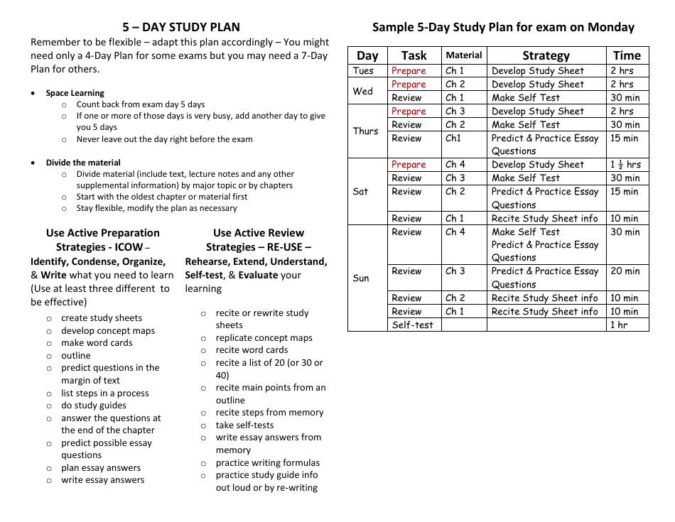 5-day Study Plan Template Download Printable PDF | Templateroller