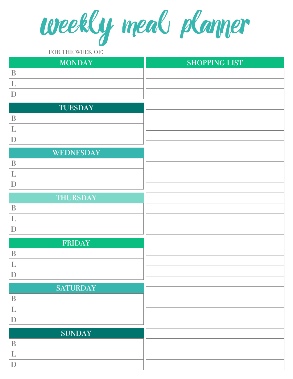 Weekly Meal Planner and Shopping List Template - Green, Page 1