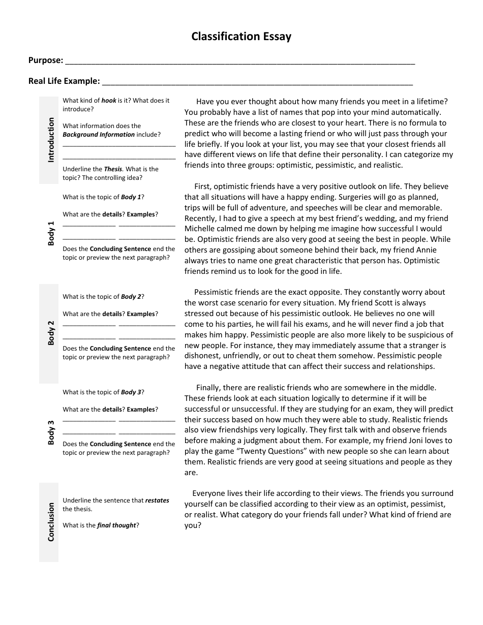 Classification Essay Outline Template - Sample Image Preview