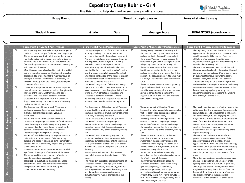 Expository Essay Rubric for Grade 4 Image Preview