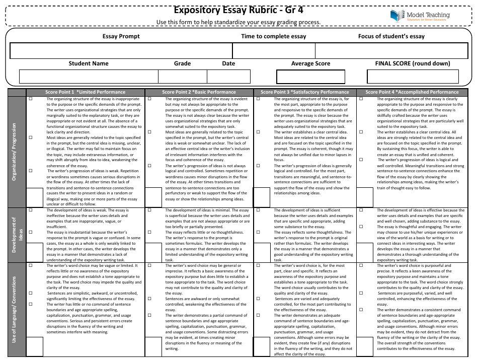 Expository Essay Rubric for Grade 4 Image Preview