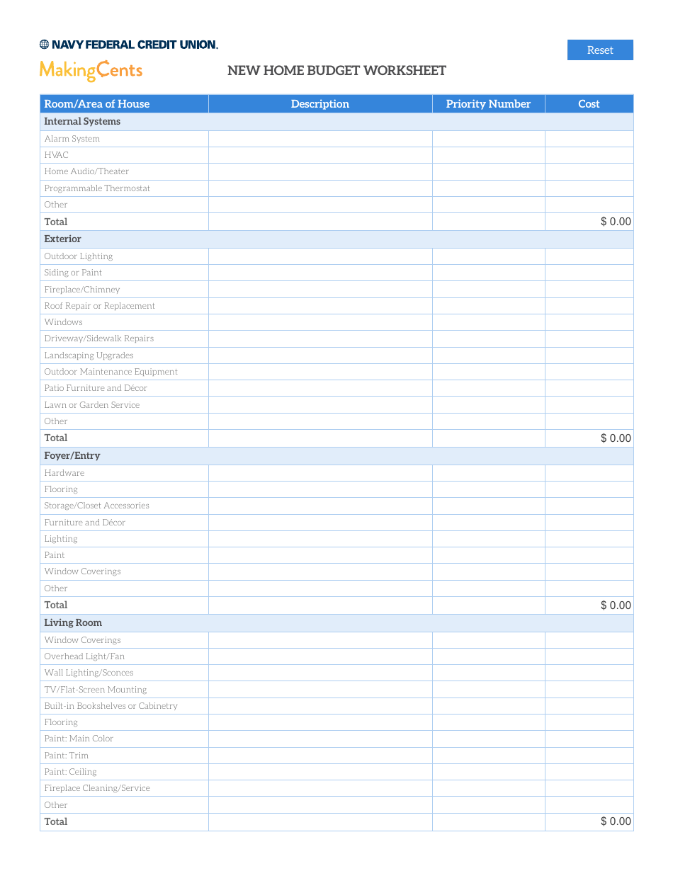 Image of New Home Budget Worksheet