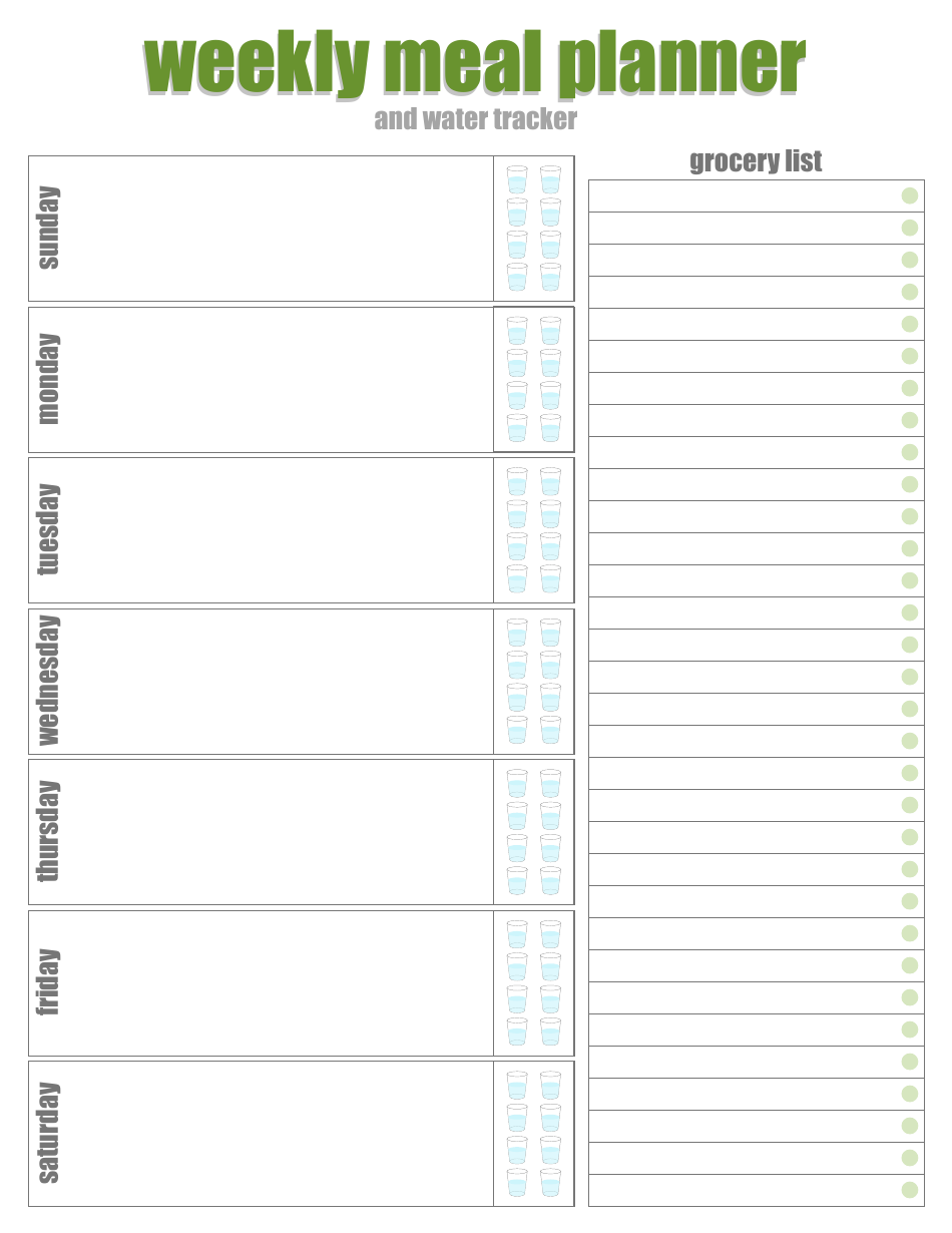Weekly Meal Planner, Grocery List and Water Tracker Template, Page 1