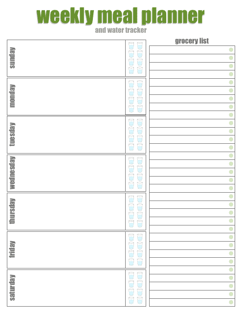 Weekly Meal Planner, Grocery List and Water Tracker Template