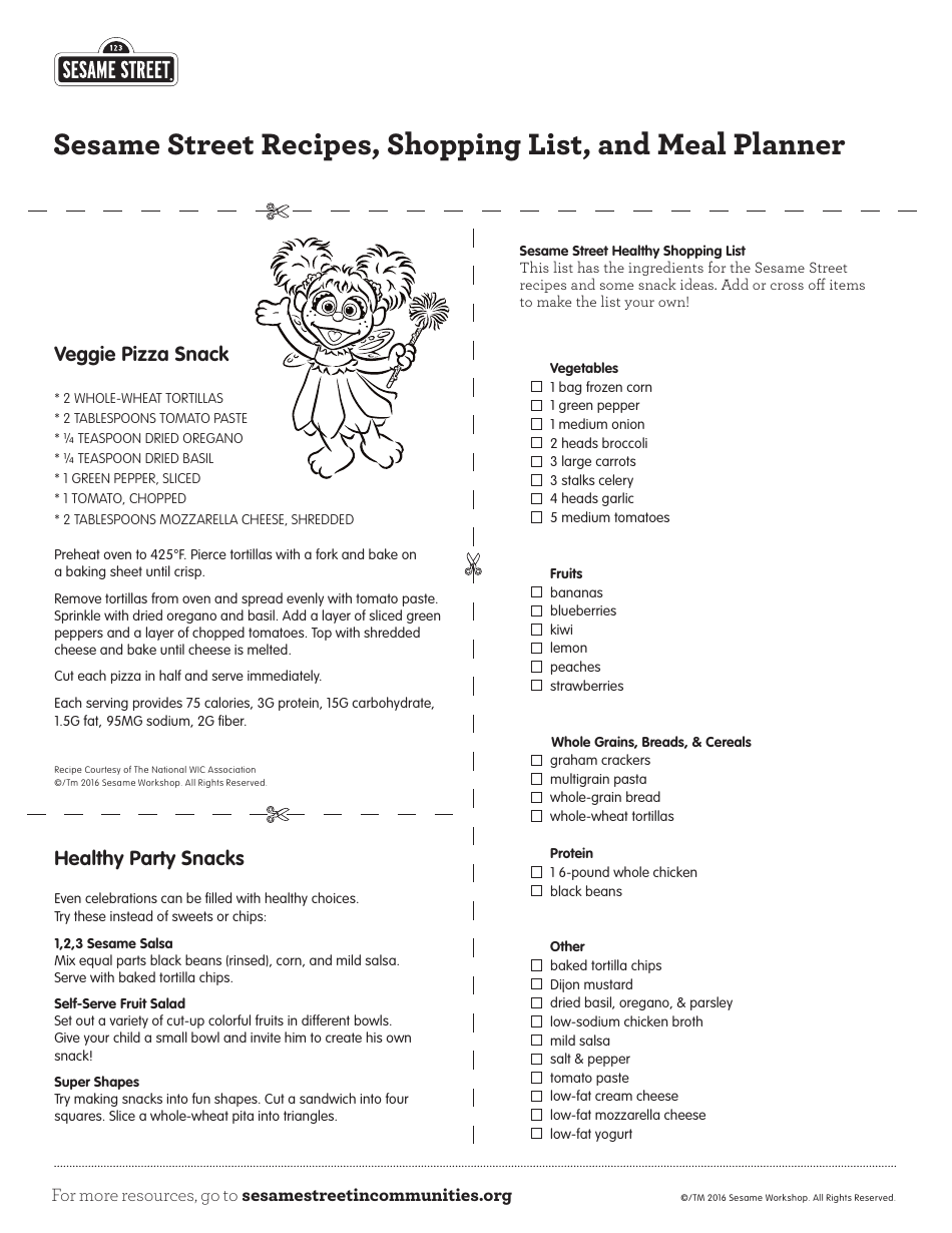 Sesame Street Shopping List and Meal Planner Template, Page 2