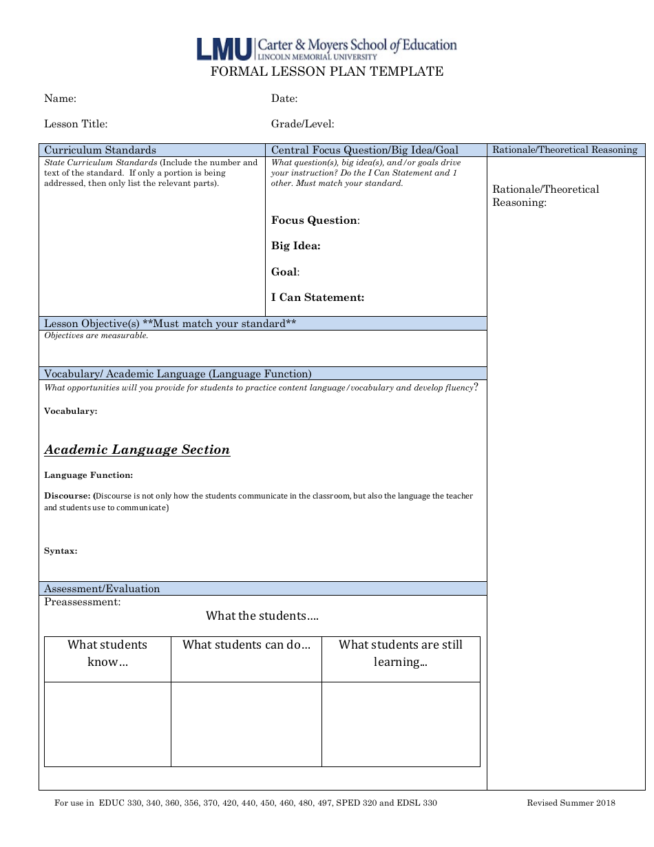 Formal Lesson Plan Template with customizable fields for planning and organizing your lessons.