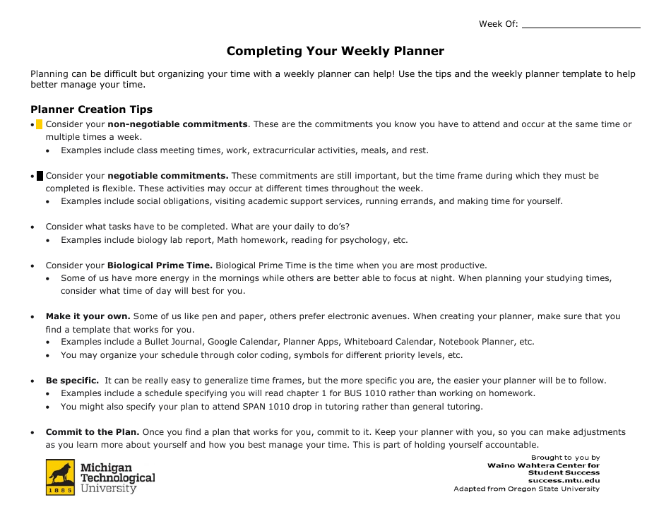 Weekly Planner Template - Michigan Technological University, Page 2