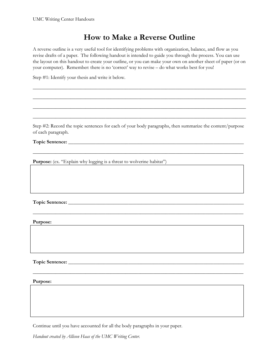 Reverse Outline Template - Umc Writing Center Handouts