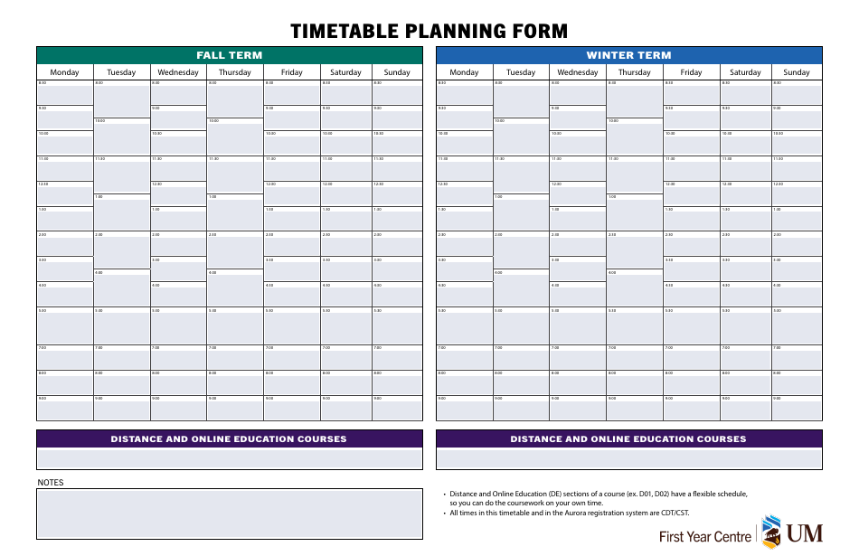 Timetable Planning Form, Page 1