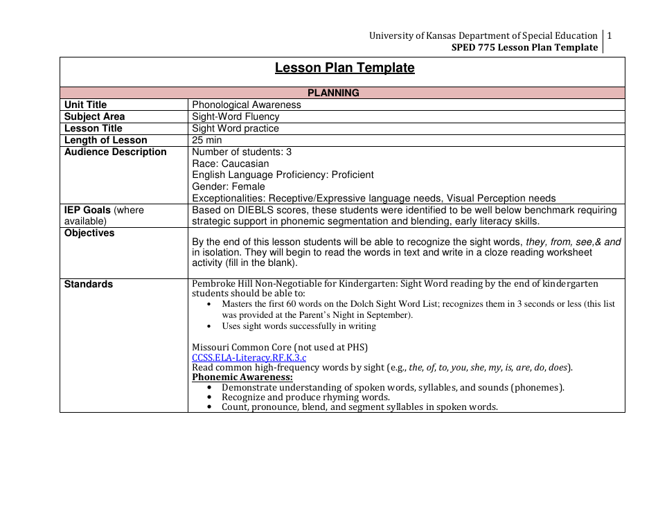 Lesson Plan Template - University of Kansas Department of Special Education, Page 1