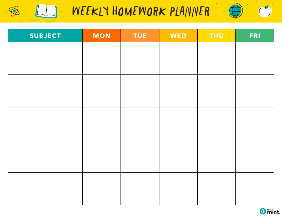 Weekly Homework Planner Template, Page 1