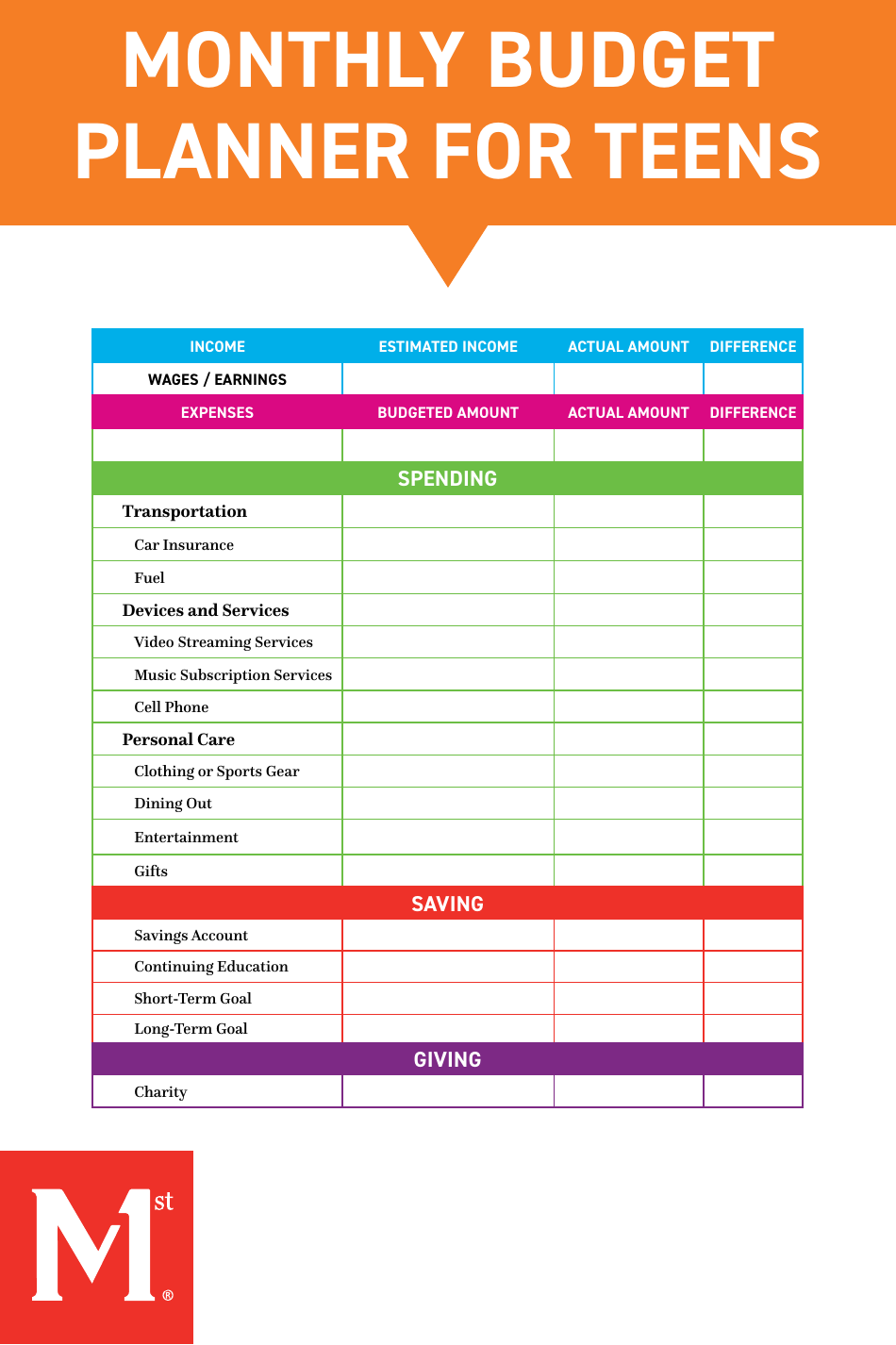 Monthly Budget Planner for Teens - Template Roller