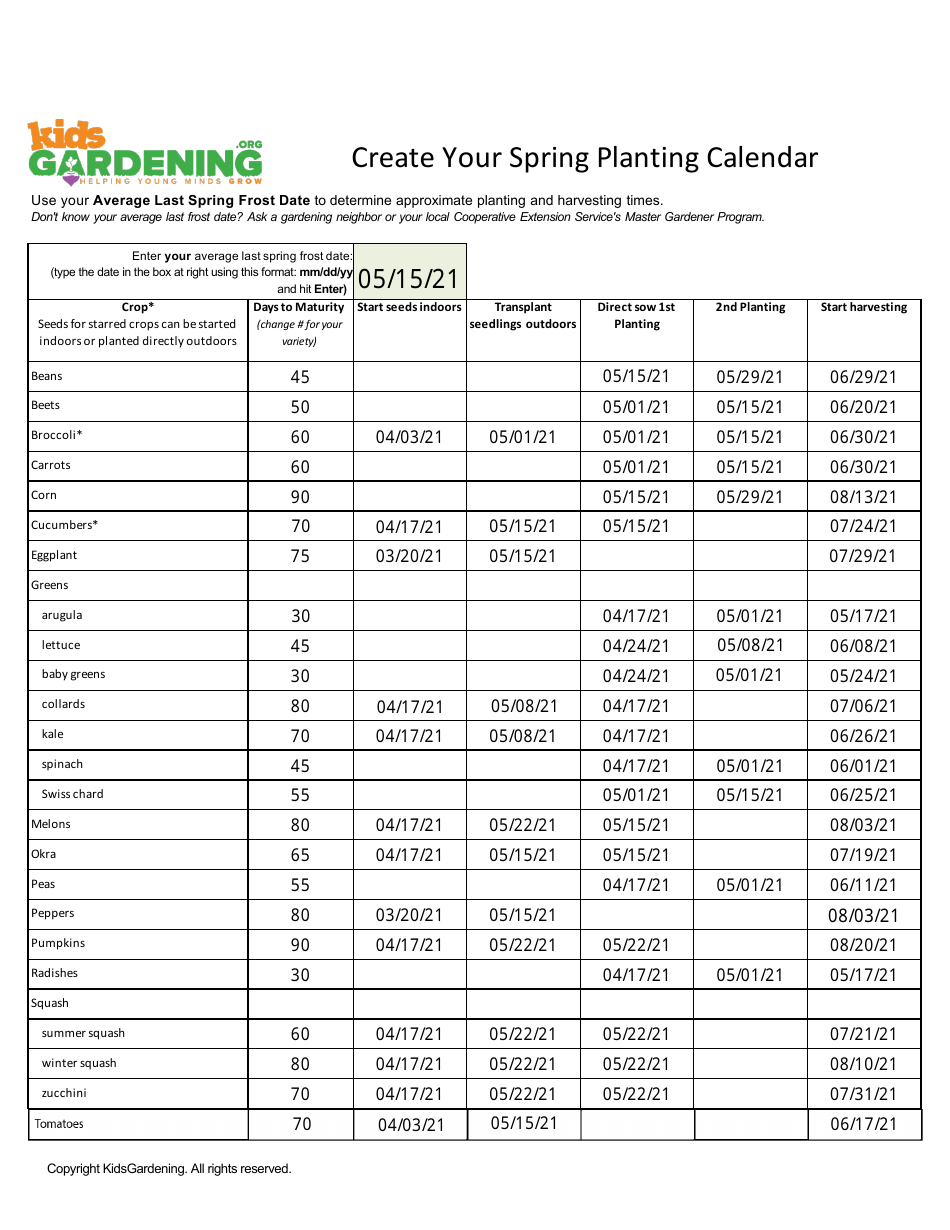 Spring Planting Calendar - Template Roller