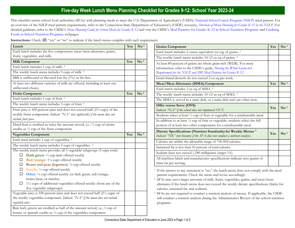 Five-Day Week Lunch Menu Planning Checklist for Grades 9-12 - Connecticut, Page 1