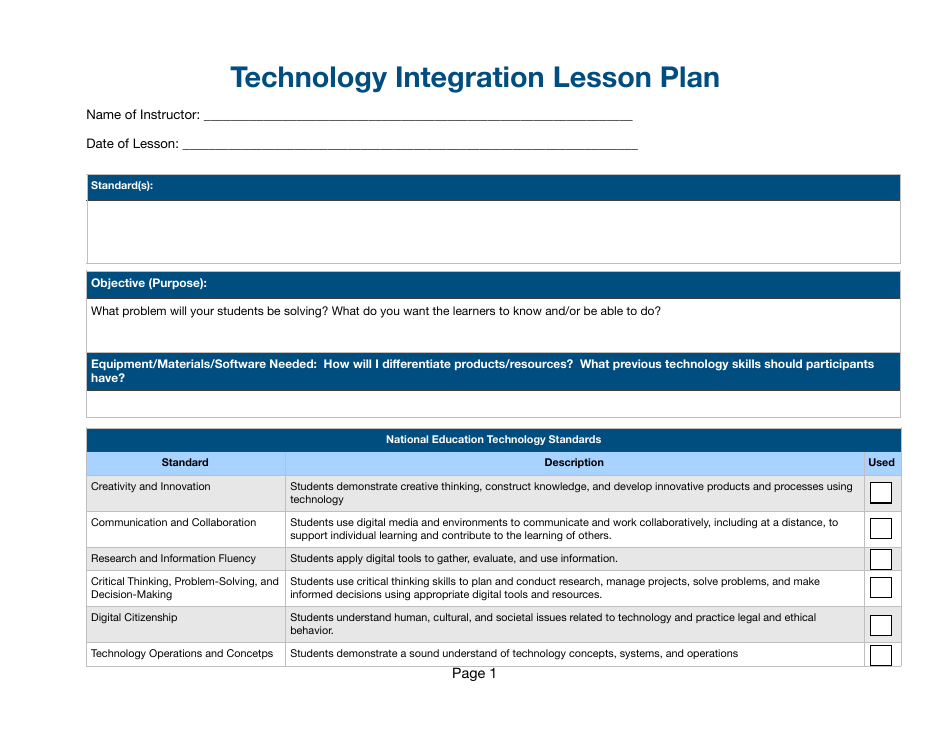 Technology Integration Lesson Plan Download Fillable PDF | Templateroller