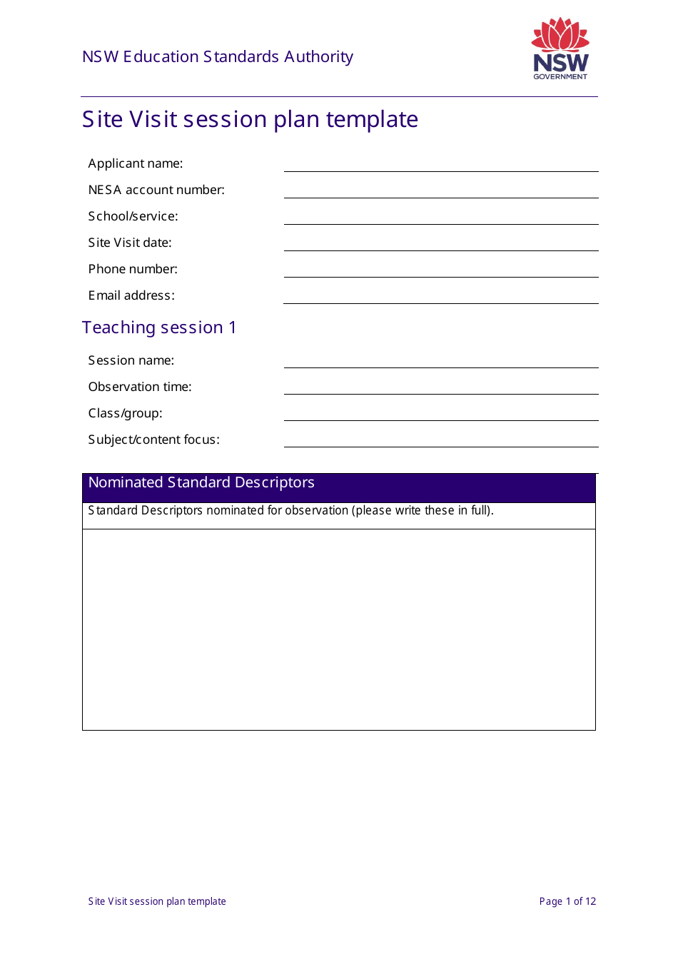 Site Visit Session Plan Template - New South Wales, Australia, Page 1