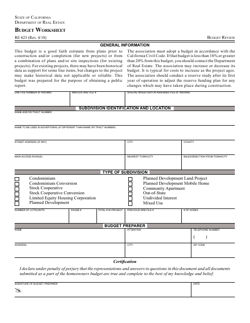 Form RE623 Budget Worksheet - California