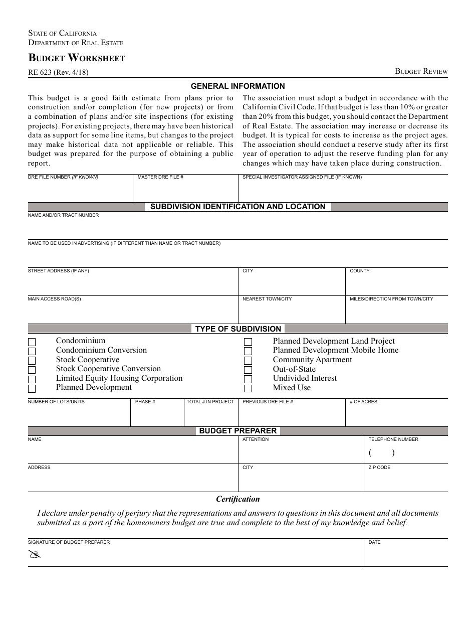 Form RE623 Budget Worksheet - California, Page 1