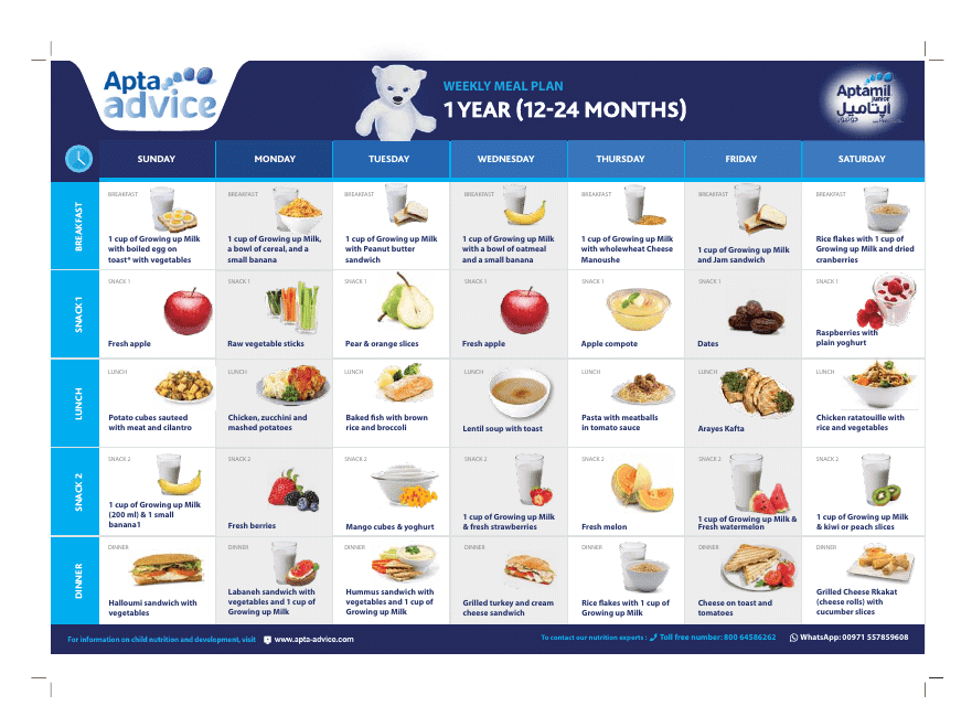 A colorful image representing a weekly meal plan for toddlers 12-24 months old