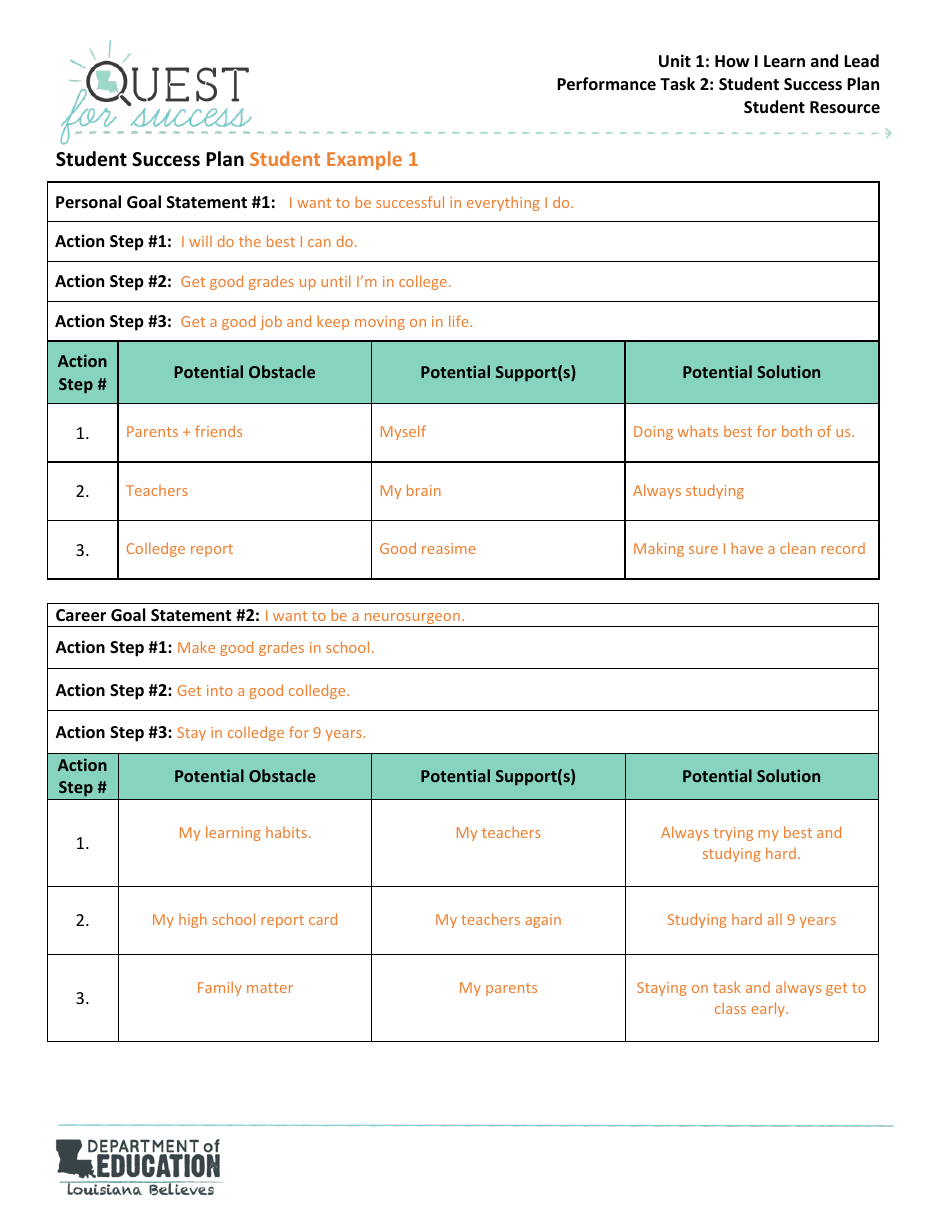 Sample Quest for Success Unit 1 Performance Task 2 - Student Success Plan - Student Example 1 - Louisiana, Page 1