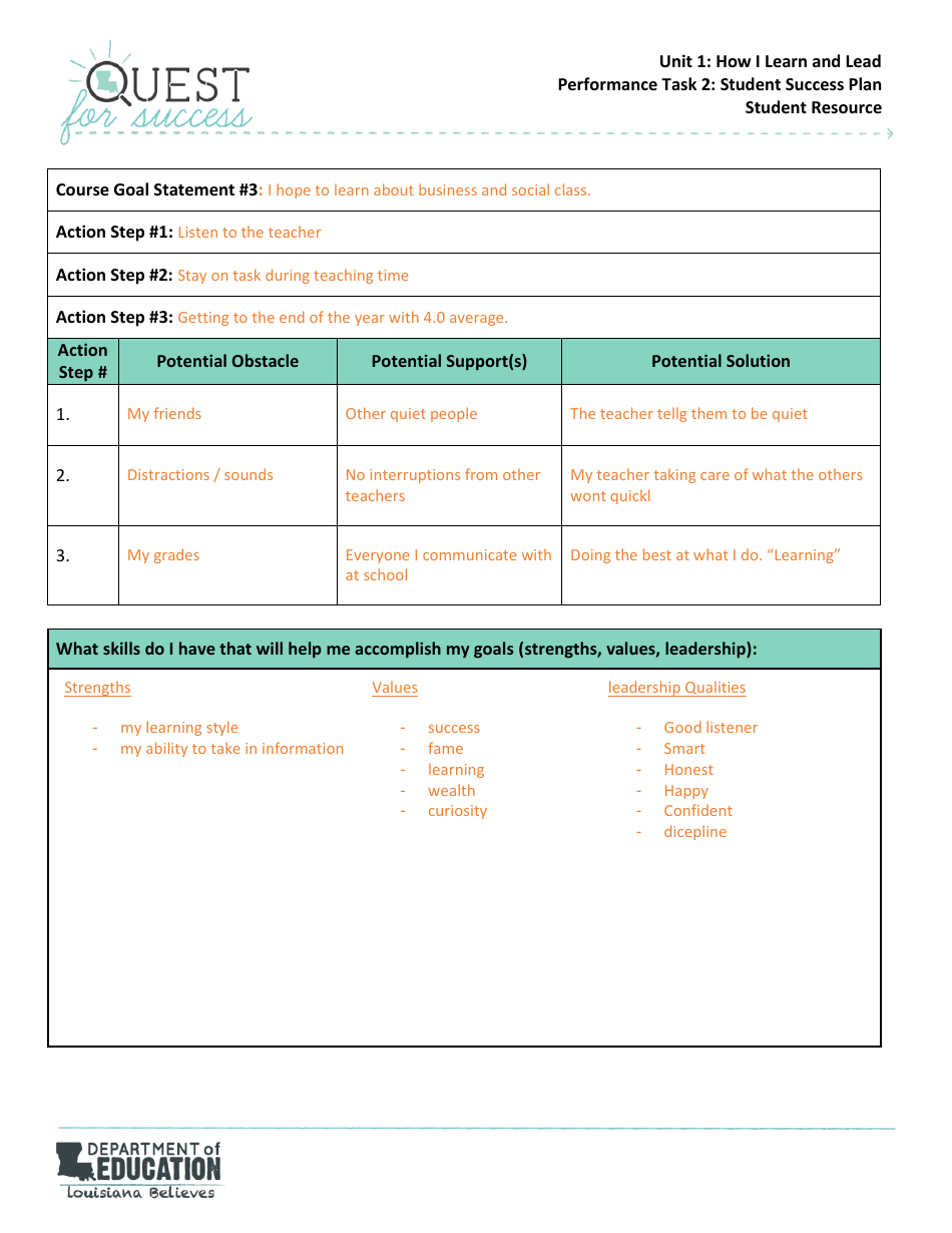Sample Quest for Success Unit 1 Performance Task 2 - Student Success Plan - Student Example 1 - Louisiana, Page 2