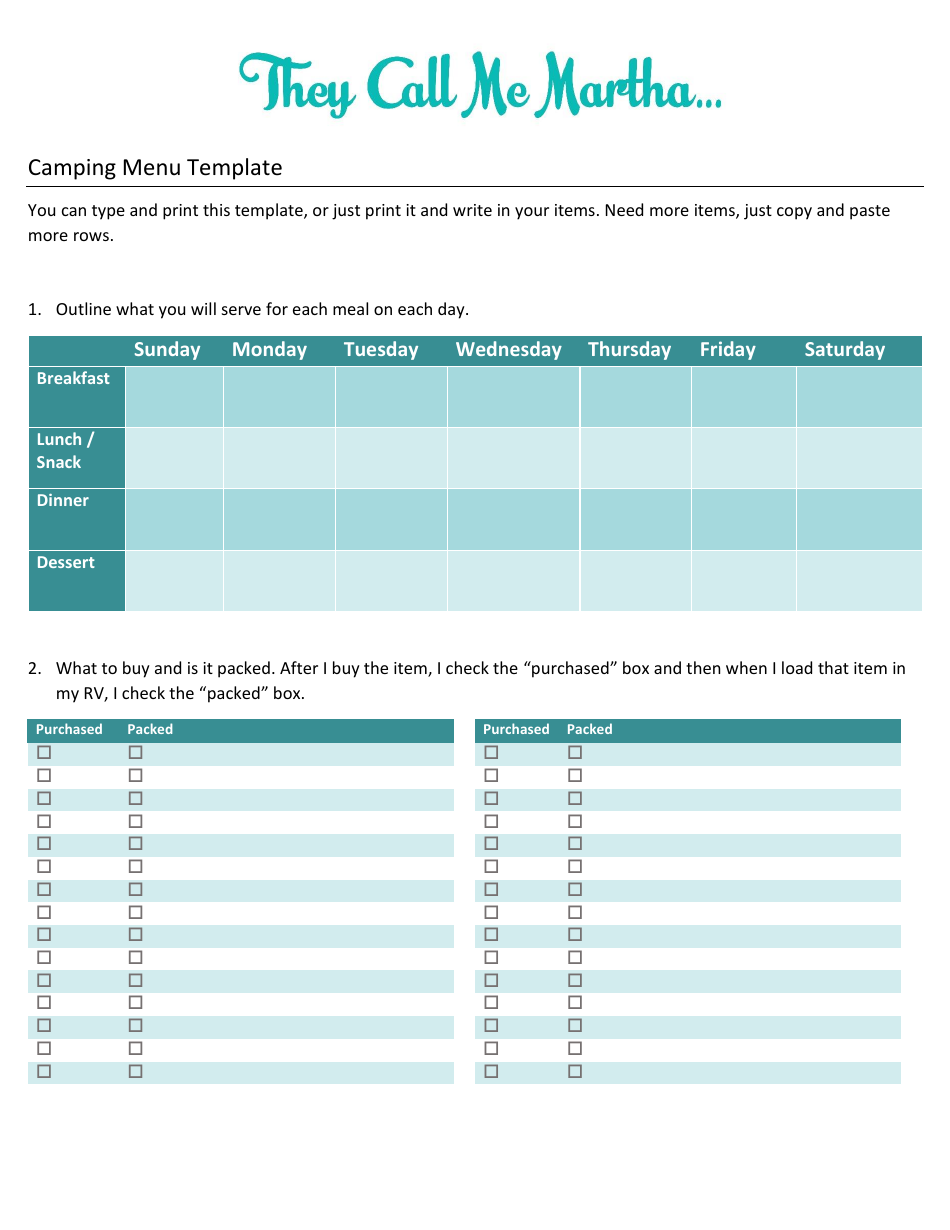 Camping Menu Template - A customizable template for planning and organizing meals during camping trips.