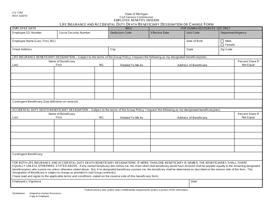 Form CS-1781 Life Insurance and Accidental Duty Death Beneficiary Designation or Change Form - Michigan, Page 1