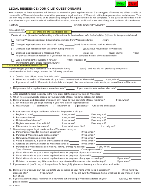 Form I-827 Legal Residence (Domicile) Questionnaire - Wisconsin