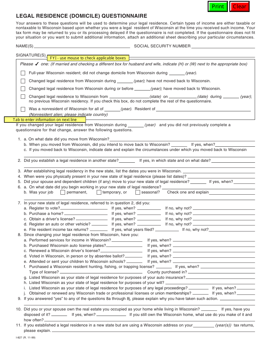 Form I-827 Legal Residence (Domicile) Questionnaire - Wisconsin, Page 1