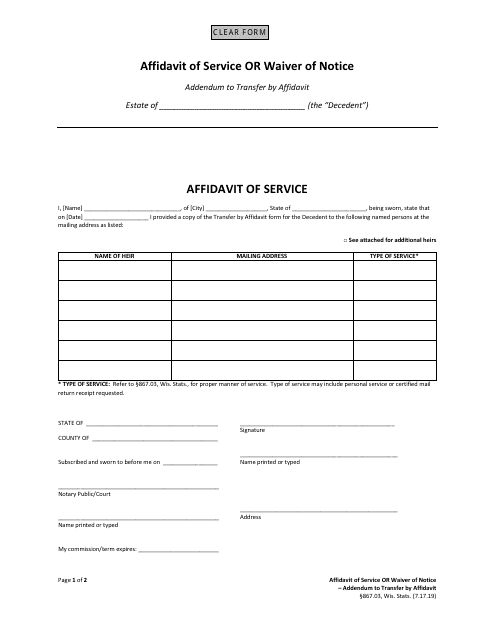 Affidavit of Service or Waiver of Notice - Wisconsin Download Pdf