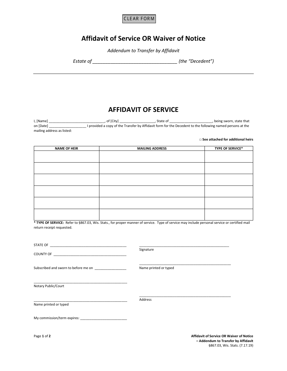 Affidavit of Service or Waiver of Notice - Wisconsin, Page 1