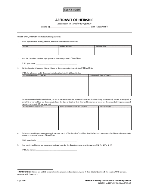 Affidavit of Heirship - Addendum to Transfer by Affidavit - Wisconsin Download Pdf