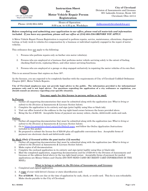 Motor Vehicle Repair Person Registration Application - City of Cleveland, Ohio Download Pdf