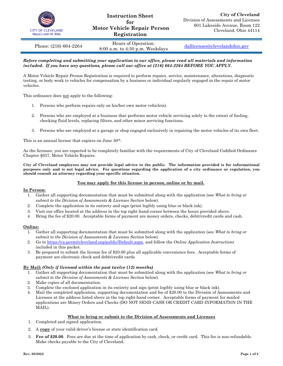 Motor Vehicle Repair Person Registration Application - City of Cleveland, Ohio, Page 1