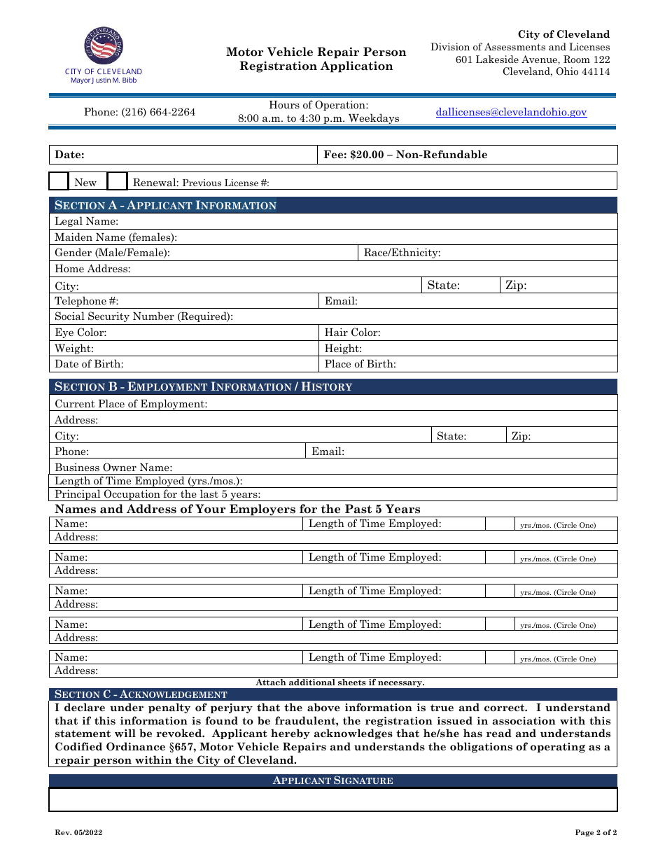 Motor Vehicle Repair Person Registration Application - City of Cleveland, Ohio, Page 2